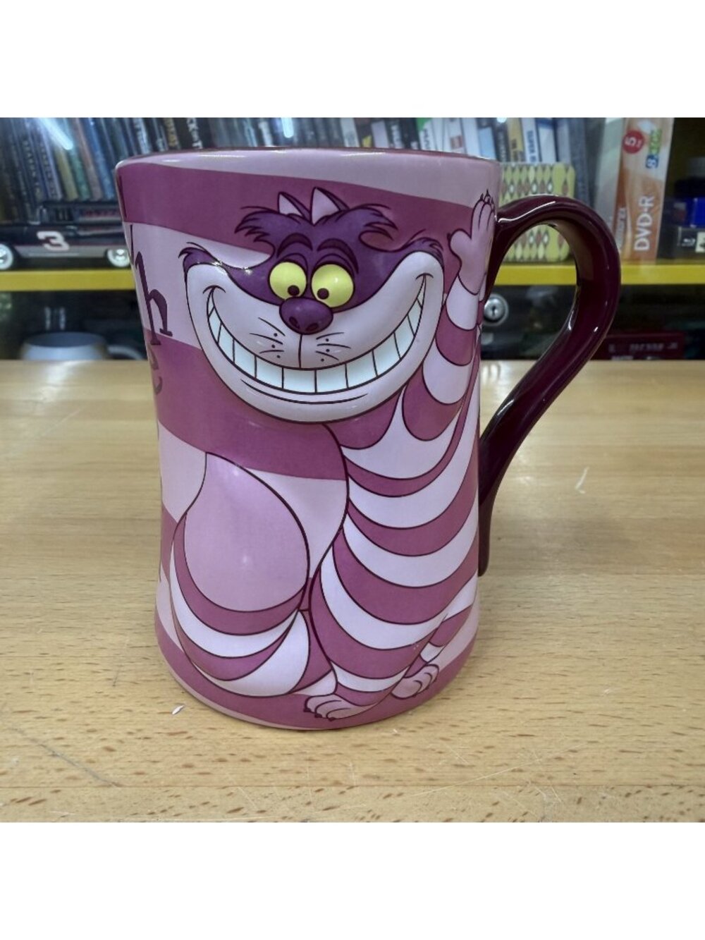 Disney Store Cheshire Ceramic Coffee Mug Pink Striped Body Pattern